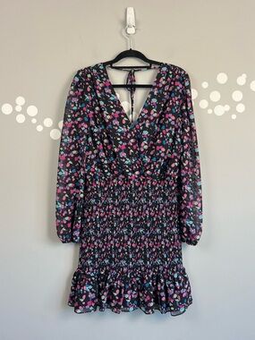 LEYDEN Smocked V Neck Long Sleeve Mini Dress Multicolor L NWT